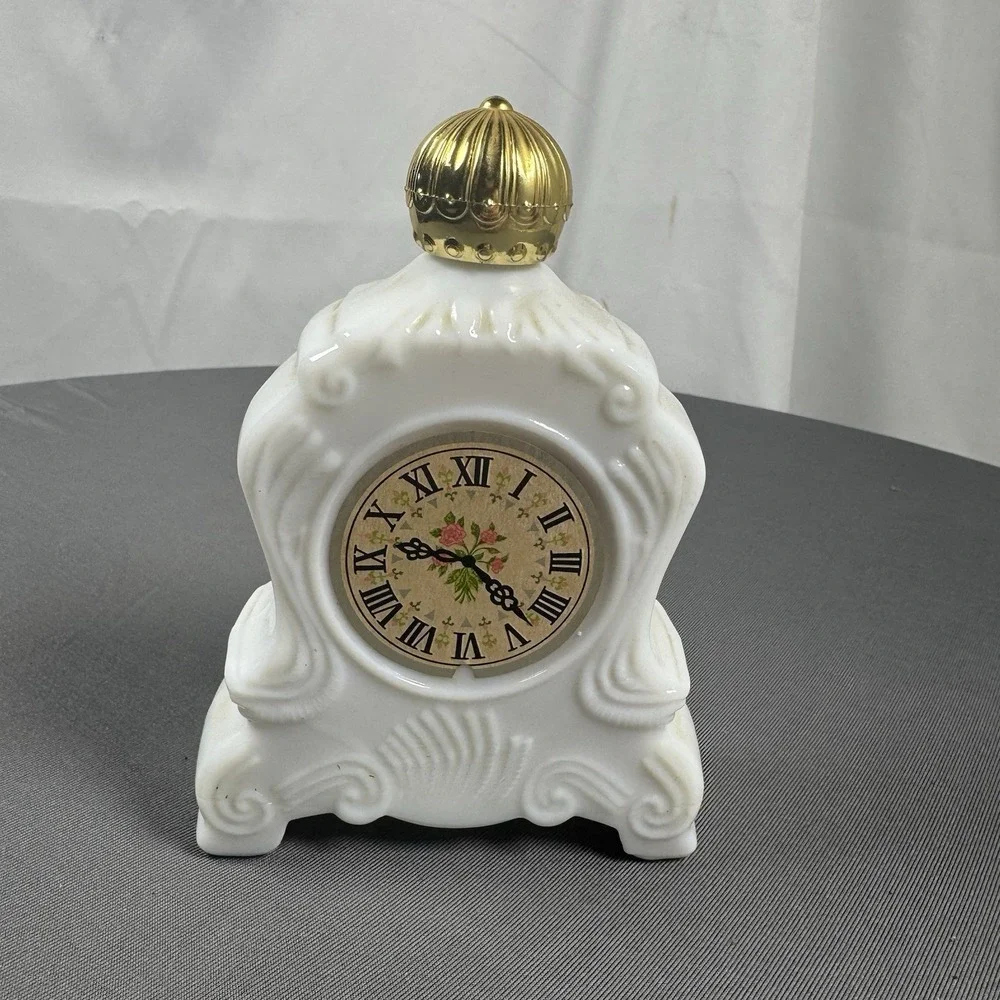 Vintage AVON Brocade White Milk Glass Mantel Clock Foaming‎ Bath Oil 5 oz